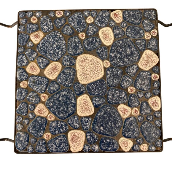 Vintage Blue And White Mosaic Tile Trivet Hot Plate Metal Frame - Picture 2 of 4